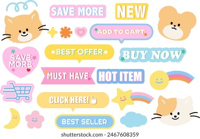 Guardar Ilustración de iconos de venta lindos como, por ejemplo, nuevo, agregar a Carrito, mejor oferta, comprar ahora, debe tener, artículo caliente, Hacer clic aquí, best seller con gato, osito de peluche, flor, arco iris, estrella, luna y nube