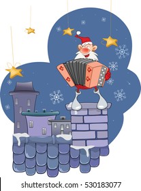 Illustration of a Cute Santa Claus a Accordion Player on a Roof 