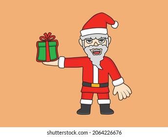An illustration of cute Santa Claus character holding a gift box