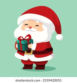 illustration of a cute Santa Claus character carrying a gift in his hand. With a blue background. Great for logos, t-shirt designs, wrapping paper, greeting cards and so on