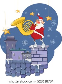 Illustration of a Cute Santa Claus French horn Player on a Roof 