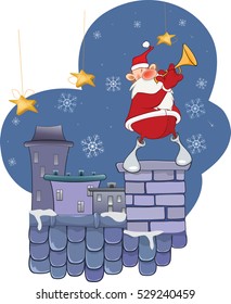 Illustration of a Cute Santa Claus Jazz Trumpet  on a Roof. 