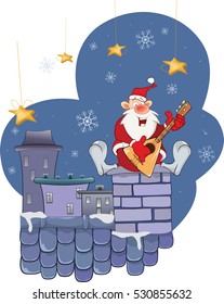 Illustration of a Cute Santa Claus Musician on a Roof. 