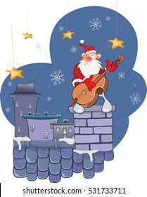 Illustration of a Cute Santa Claus Musician on a Roof.
