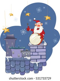 Illustration of a Cute Santa Claus Musician on a Roof. 