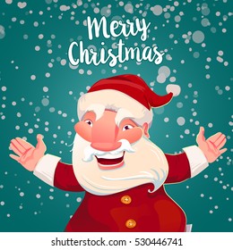 Illustration of cute Santa Claus on green snow background. Vector Christmas card. Santa celebrates, hands up and smile. Merry Christmas typography greetings
