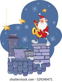 Illustration of a Cute Santa Claus  Saxophonist on a Roof. 