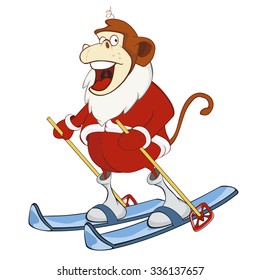 Illustration of a Cute Santa Claus.A Monkey Skiing. Year of the Monkey. Cartoon Character.