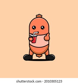 illustration of cute sausage drinking vector design