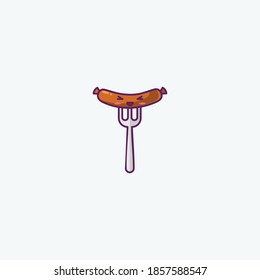 Illustration of Cute Sausage on a Fork Icon - Smiley Emoji Icon Set, Vector Cartoon Illustration.