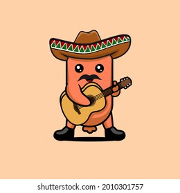 illustration of cute sausage playing guitar vector design