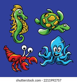 ilustración de un lindo diseño vectorial de conjunto de animales marinos. se puede usar para afiches, diseños de camisetas, merch, etc