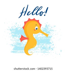 Illustration with cute seahorse. Vector print for poster, children wear or other design.