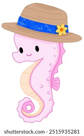 Illustration of a cute seahorse wearing a hat.
