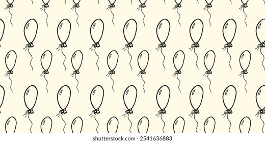 Illustration of a cute seamless pattern in doodle style, including black outlines of balloons rushing upwards, on a white background. Suitable for advertising, brochures, booklets, posts, stories.