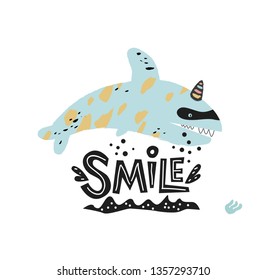 Illustration of a cute shark in a carnival mask and inscription Smile. Vector illustration in cartoon smile. For packaging design, children's room, branding, Wallpaper, posters, postcards
