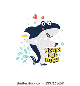Illustration with a cute shark with fish and bubbles and text - kisses and hugs, isolated on a white background in vector.