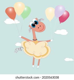 Illustration of a cute sheep flying on balloons.