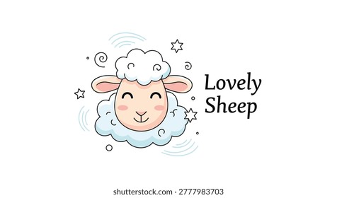 Illustration of a cute sheep head with a fluffy woolly coat surrounded by stars and swirls with the text lovely sheep.