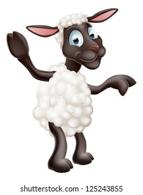 Illustration of a cute sheep or lamb cartoon character or mascot pointing