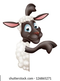 Illustration of a cute sheep or lamb cartoon character or mascot peeking round sign and pointing