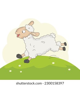 Illustration of a cute sheep running in grass