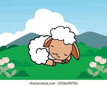 Illustration of Cute Sheep Vector Sleeping with a Landscape Background by nara senja