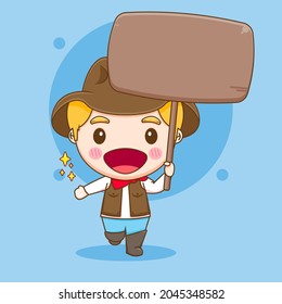 Illustration Cute sheriff or cowboy holding board chibi cartoon character