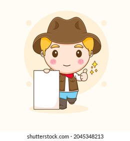 Illustration Cute Sheriff oder Cowboy posieren Daumen mit leerem Papier-Chibi-Zeichentrick