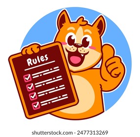 Illustration von niedlichen Shiba Inu Cartoon Charakter Holding Checkliste und Regeln