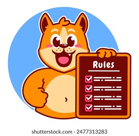 Illustration of Cute Shiba Inu Cartoon Character Holding Checklist and Rules