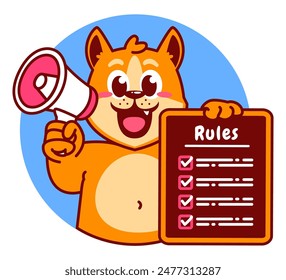 Illustration von niedlichen Shiba Inu Cartoon Charakter Holding Checkliste und Regeln mit Megaphon