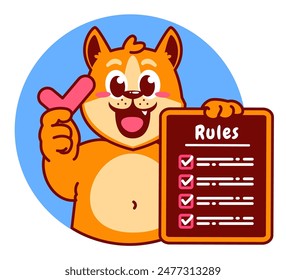 Ilustración de la lista de verificación y reglas de retención de personajes de dibujos animados de Shiba Inu