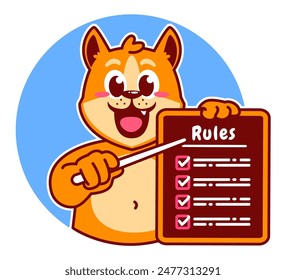 Ilustración de la lista de verificación y reglas de retención de personajes de dibujos animados de Shiba Inu