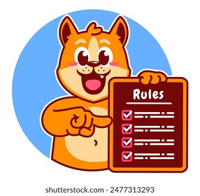 Ilustración de la lista de verificación y reglas de retención de personajes de dibujos animados de Shiba Inu