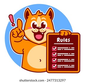 Illustration von niedlichen Shiba Inu Cartoon Charakter Holding Checkliste und Regeln