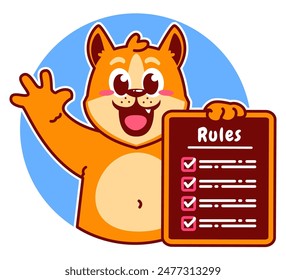 Ilustración de la lista de verificación y reglas de retención de personajes de dibujos animados de Shiba Inu