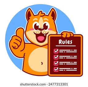 Illustration von niedlichen Shiba Inu Cartoon Charakter Holding Checkliste und Regeln