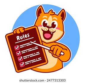 Illustration von niedlichen Shiba Inu Cartoon Charakter Holding Checkliste und Regeln