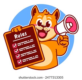 Illustration von niedlichen Shiba Inu Cartoon Charakter Holding Checkliste und Regeln mit Megaphon