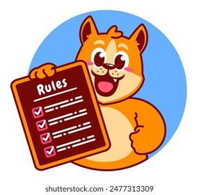 Illustration von niedlichen Shiba Inu Cartoon Charakter Holding Checkliste und Regeln