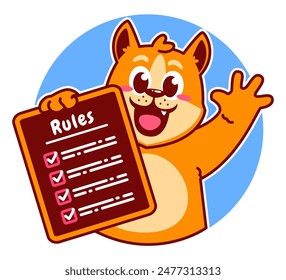 Illustration von niedlichen Shiba Inu Cartoon Charakter Holding Checkliste und Regeln