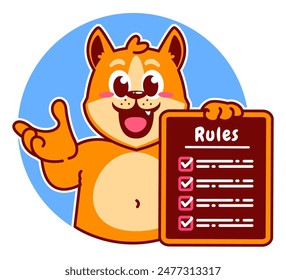 Ilustración de la lista de verificación y reglas de retención de personajes de dibujos animados de Shiba Inu