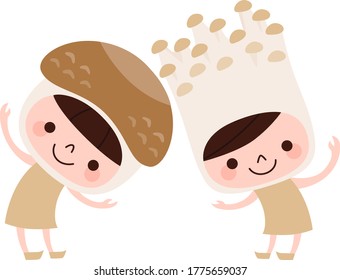 Illustration of cute Shiitake and Enoki characters.