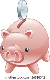 An illustration of a cute shiny piggy bank with a coin going into it.