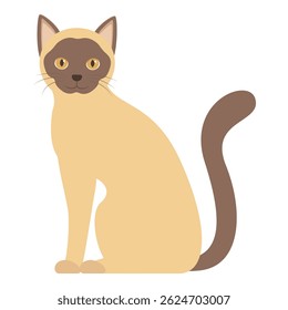 Illustration of a cute siamese cat sitting and looking forward, isolated on white background