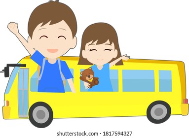 Illustration of cute siblings going on an excursion by bus
