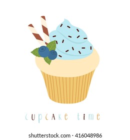 illustration of cute simple blueberry cupcake with cupcake time text message. can be used like stickers or for greeting cards and party invitations