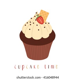 illustration of cute simple chocolate cupcake with strawberry and cupcake time text message. can be used like stickers or for greeting cards and party invitations