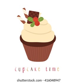 illustration of cute simple chocolate cupcake with cranberry and cupcake time text message. can be used like stickers or for greeting cards and party invitations